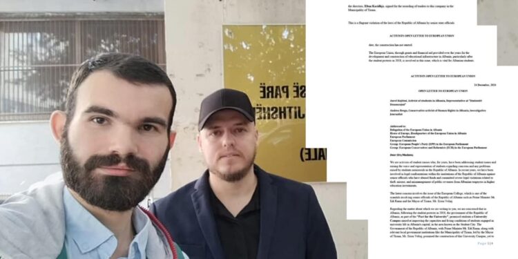 Aktivistët Kujtimi dhe Bregu i drejtohen Bashkimit Europian për zaptimin e pronës publike në Qytetin Studenti për të ndërtuar Kolegjin e Europës në shkelje të ligjit